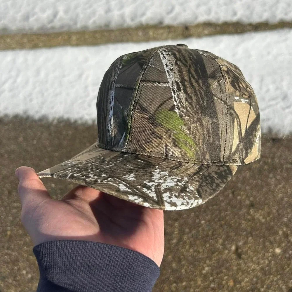 Vintage camo real tree hat cap strap back brown cyber grunge